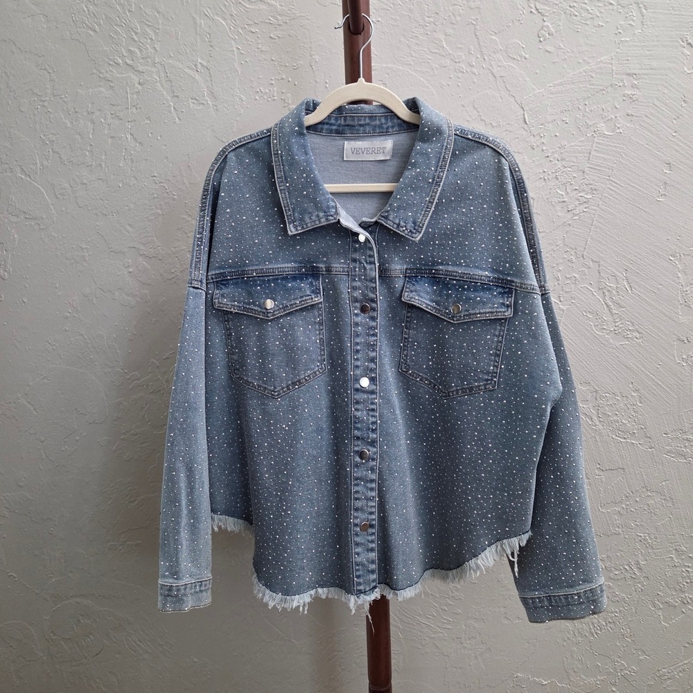 J120. Rhinestone Embellished Denim Jacket Raw Hem